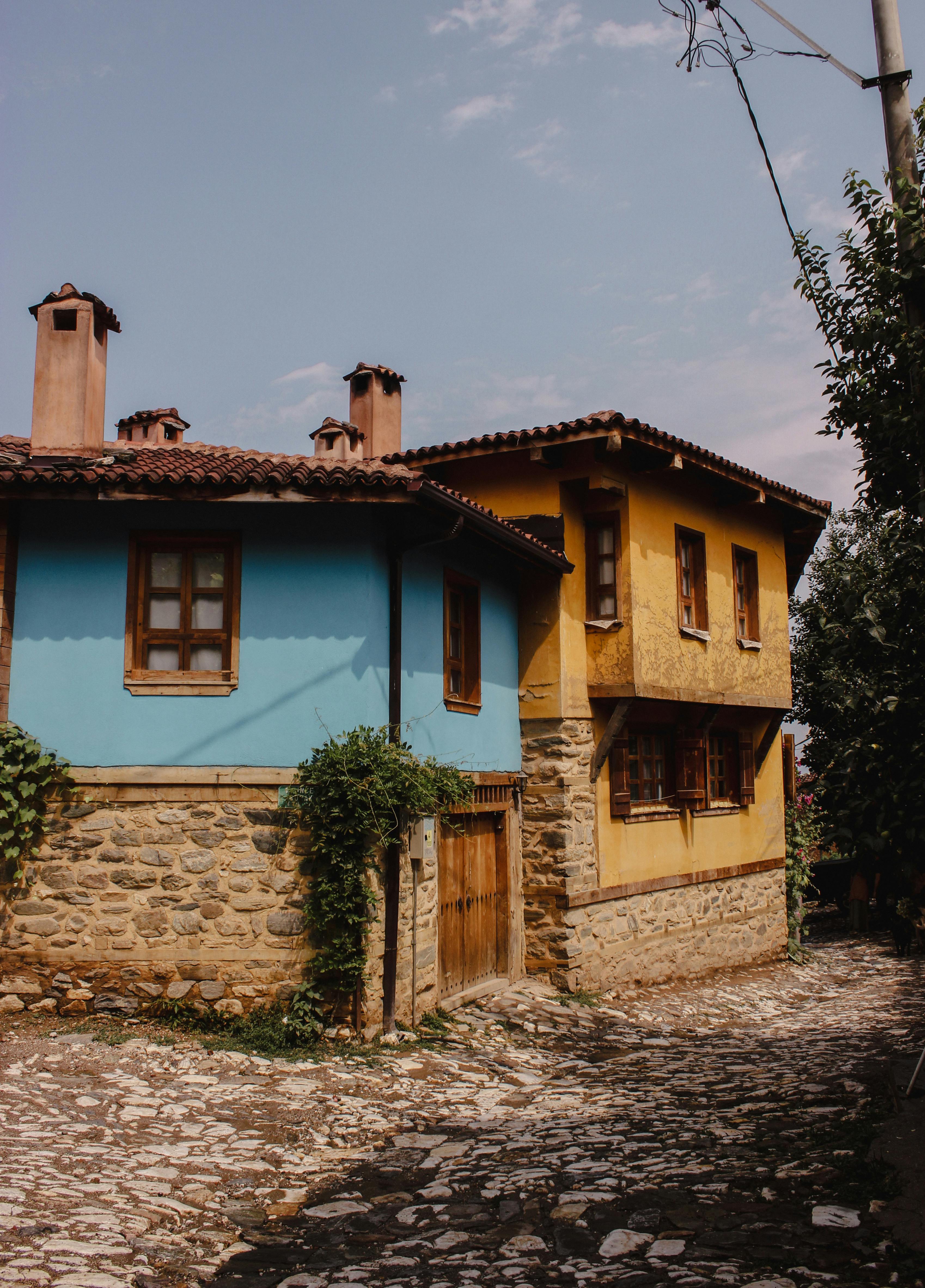 Colorful Mediterranean houses with prominent chimneys in San Mateo area